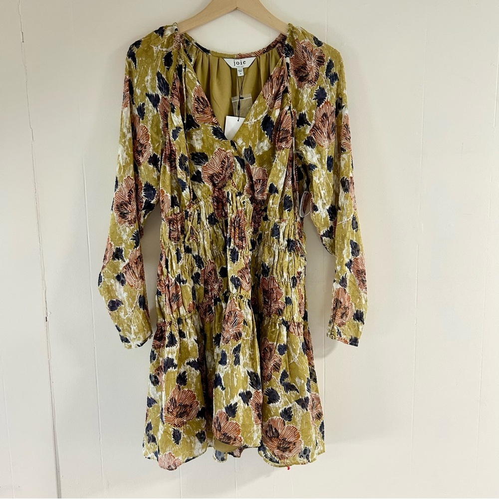 Joie Aminah Smocked Floral-Print Mini Dress In Ecru Olive sz M‎ - Picture 3 of 5